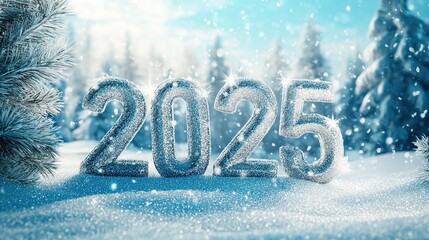 Sparkling 2025 in a snowy winter landscape.