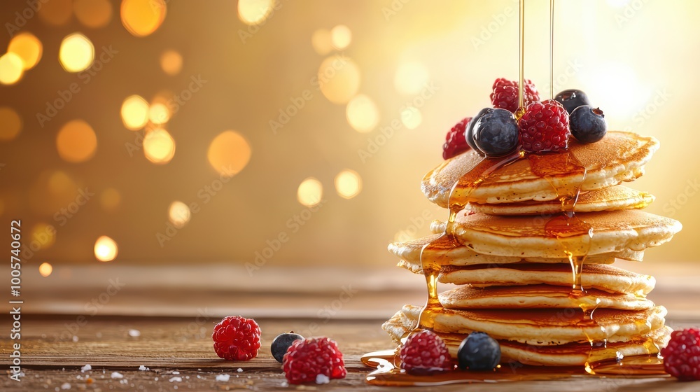 Wall mural Stack of fluffy pancakes topped with berries and syrup, creating a delicious breakfast scene with a warm background.