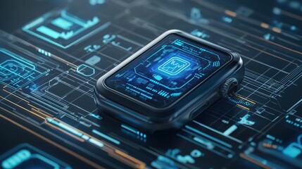 Fototapeta premium Smartwatch showcasing advanced technology on a digital blueprint background.