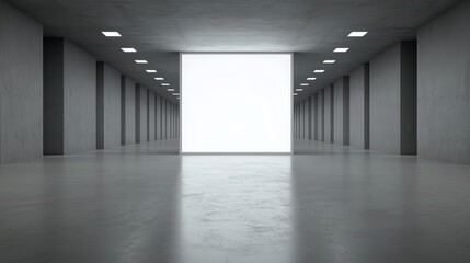 Fototapeta premium Spacious modern interior with concrete walls and a bright, empty space at the end, ideal for creative projects.