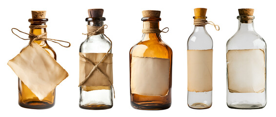 Collection set of message blank note label on rustic empty bottle on transparent background cutout, PNG file. Many different style. Mockup template for artwork graphic design
