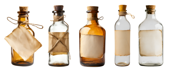 Collection set of message blank note label on rustic empty bottle on transparent background cutout, PNG file. Many different style. Mockup template for artwork graphic design