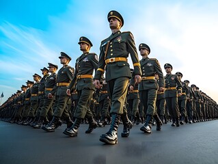 An army unit marching in perfect formation during a military parade, their uniforms crisp, on a pale blue sky background