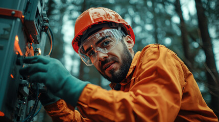 Worker inspecting equipment in forested area.