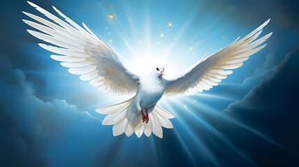 Obraz premium White dove of peace on blue background