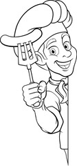 A chef cartoon barbecue cook man giving a thumbs up and holding a hotdog or grilled sausage a BBQ or cooking fork and peeking around sign or menu, mascot character illustration