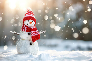 Fototapeta premium Christmas greeting card with bright winter holiday snowman and New Year background