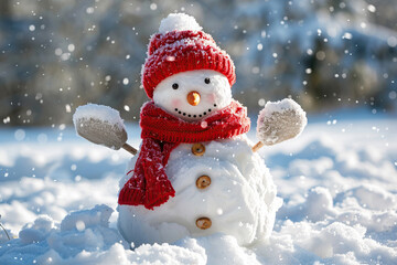 Fototapeta premium Christmas greeting card with bright winter holiday snowman and New Year background