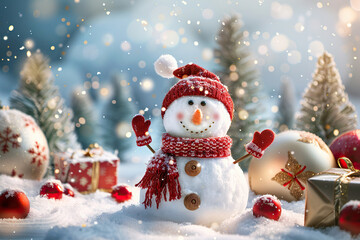 Christmas greeting card with bright winter holiday snowman and New Year background