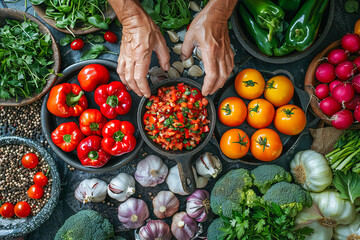 Chef holding pan with chopped tomatoes and fresh vegetables on table