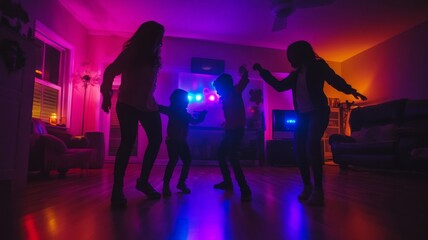 Four Silhouettes Dancing in a Dimly Lit Room with Colorful Lights