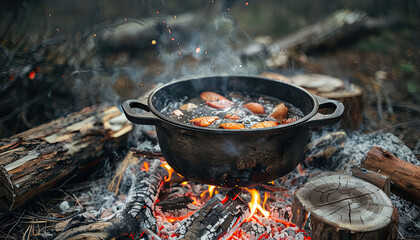 Scene of a cast iron pot cooking over a crackling campfire, surrounded by logs and glowing embers, capturing the essence of outdoor cooking.