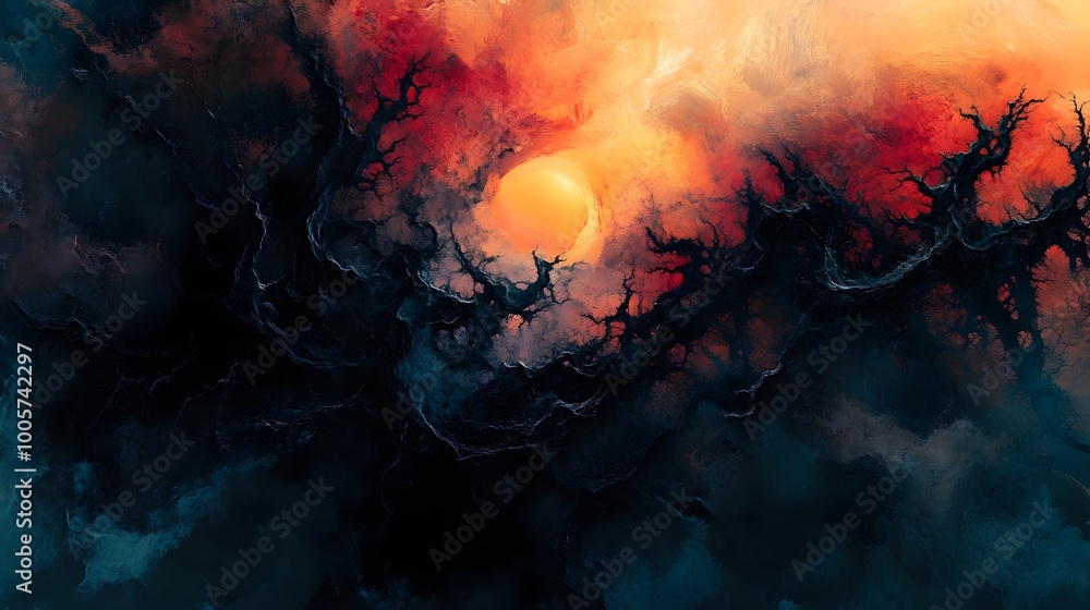 Poster a haunting abstract halloween composition featuring twisted ominous shapes in a palette of deep unse
