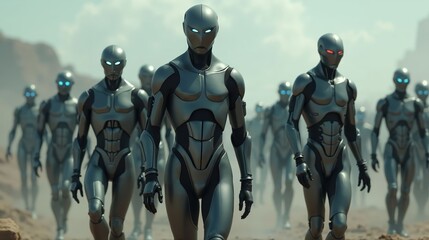 Naklejka premium Futuristic Cybernetic Warriors with Metallic Bodies in Dystopian Battlefield