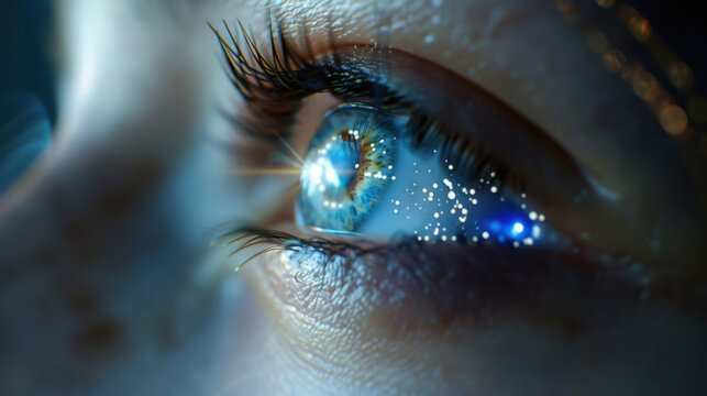 close up of human eye reflecting vibrant galaxy, showcasing intricate details and sparkling elements. eye captures sense of wonder and curiosity about universe