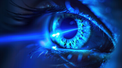 close up view of human eye illuminated by blue light, showcasing intricate details of iris and pupil. vibrant colors create striking visual effect, emphasizing beauty of eye