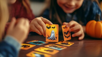 Children Playing Halloween Themed Card Game
