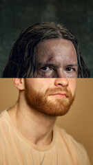 Wounded fighter. Creative collage. Male face with battle scars, merging into the lower half of a...