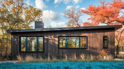 A contemporary farmhouse exterior featuring vertical ash paneling, dark teal window and roofline trim, against sky blue grass and nestled among coral trees