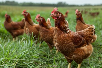 Charming scene of hens grazing on lush green grass with space for custom text or inscriptions