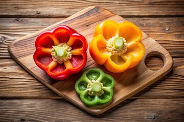 Brightly colored Bulgarian pepper halves arranged like blooming flowers on a rustic wooden kitchen board, creating an
