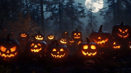 A spooky collection of carved jack o  lanterns with eerie glowing faces arranged in an unsettling Halloween display backlit by a full moon casting long shadows in a dark forest clearing