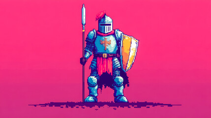 Obraz premium Pixel art knight holding spear and shield