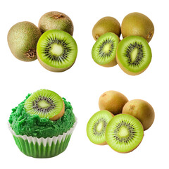 Fototapeta premium Fresh Green Kiwi Fruit and Cupcake Isolated on White Background
