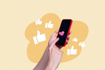 Creative collage picture hands body fragments hold smartphone blogger like thumb up approval...