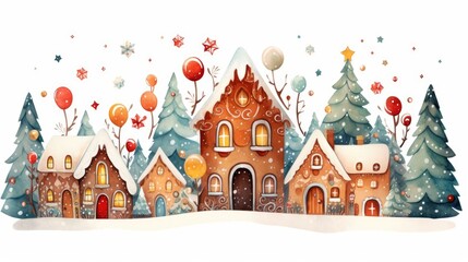 little town in winter at christmas time watercolor illustration
