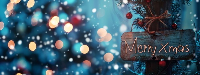Naklejka premium Merry Xmas - calligraphy text on sign, defocused bokeh background. Holiday festive illustration