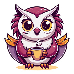 Cute cartoon owl with big eyes holding a warm cup of coffee