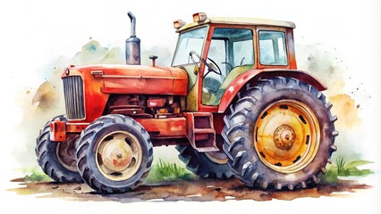 Bright watercolor tractor art set against a white backdrop, ideal for agricultural branding and marketing, capturing