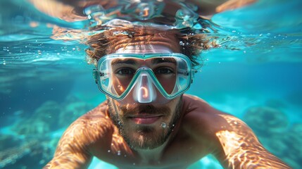 Naklejka premium A young male diver wearing an underwater mask swims in a clear blue tropical sea.