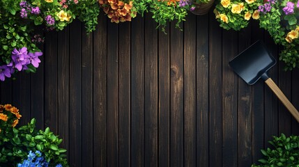 Floral Frame with Garden Trowel on Dark Wood Background.