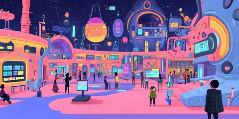 A whimsical imaginative of a futuristic school or educational facility filled with state of the art learning tools interactive displays and advanced AI powered systems