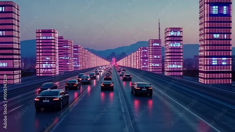 Poster dynamic illuminated cityscape during twilight with moving cars generative ai