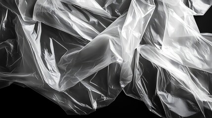 Distorted reflections in rumpled plastic wrap, dramatic side-lighting emphasizing ridges 