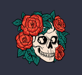 Skull with rose flowers and leaves, life and death concept. Creepy spooky skeleton with floral decoration in vintage gothic style. El Dia de los Muertos decor. Hand-drawn vector illustration