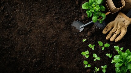Fresh green plants growing in soil with gardening tools.