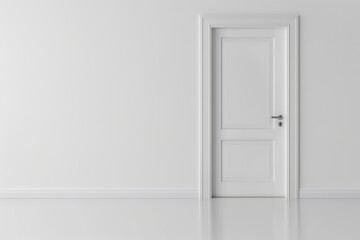 Simple white closed door in a minimalistic empty room.