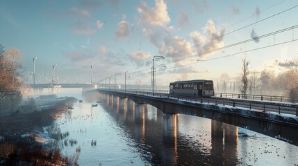 Fototapeta premium Bus Crossing a River Bridge on a Misty Morning