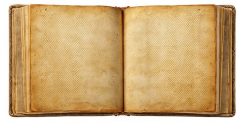 Classic open book with aged yellow pages and tattered edges, displayed on a clear background, offers unique creative