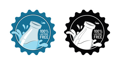 100 Percent Lactose-Free Badge Design. Illustration Set with Milk Bottle Splash Elements Blue and Black Variations. Vector signs for product packaging design.