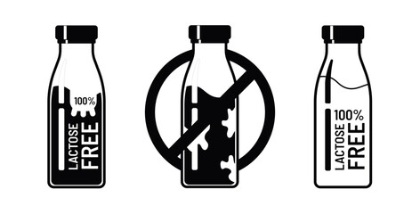 Lactose-Free Bottle Icon Set. 100 percent Lactose-Free Milk Label, No Lactose Symbol Black and White. Vector signs for product packaging design.
