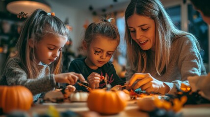 Fototapeta premium Family Decorating Pumpkins for Halloween