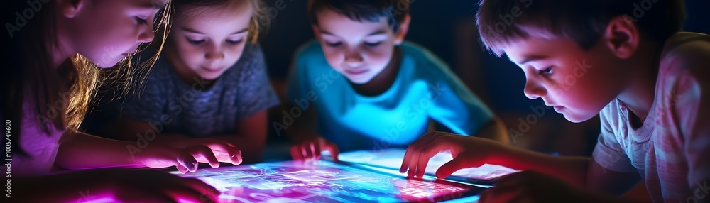 Poster group of children collaborating on school project using digital tablets and interfaces