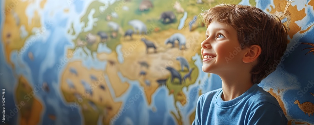 Aufkleber child exploring animal patterns on interactive world map with app for geography education
