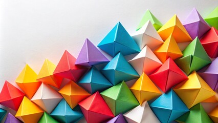 Colorful paper pyramids arranged in a vibrant flat lay on a clean white surface, providing generous copy space