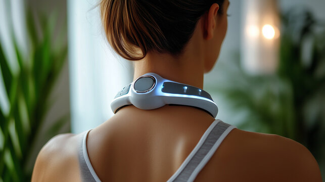 A woman enjoys a soothing neck massage with a handheld electrical device, for relaxation and relieving tension in her home environment. Back view of the woman with a po electric massager on her neck.